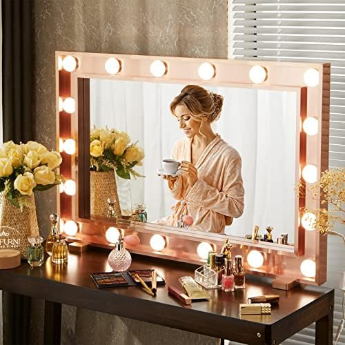 LUXFURNI Vanity Makeup Mirror with Lights, Large Hollywood Lighted Mirror with 18 LED Bulbs for D... | Amazon (US)