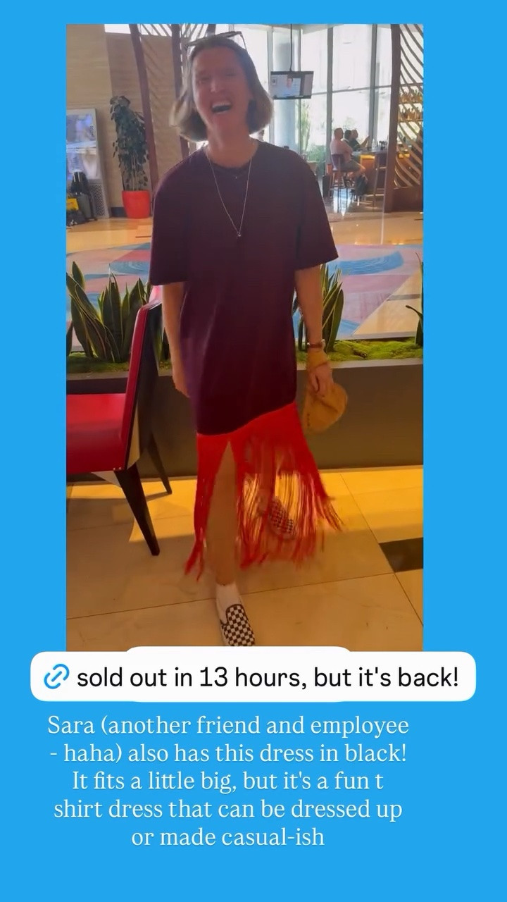 Another suuuuper fun and unique piece that our friend Molly bought. It can be either dressed up or down and is the type of wardrobe piece that you can just throw on and instantly stand out. Also comes in all-black and ivory w/ chartreuse fringe. FYI, Molly is 5’10” — our friend Sara is 5’2” and also bought one, and it was a little long on her.