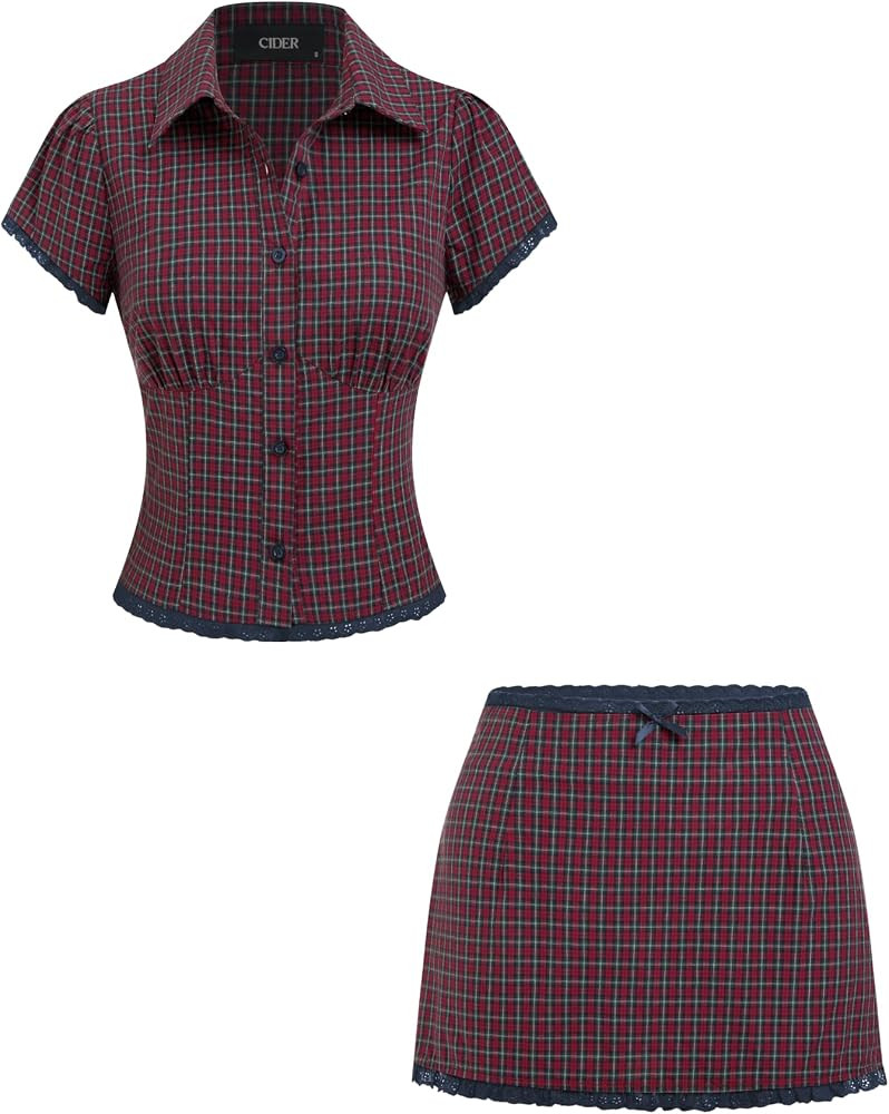 CIDER Womens Plaid Blouse Mini Skirt Set Button Down Lace Bow | Amazon (US)