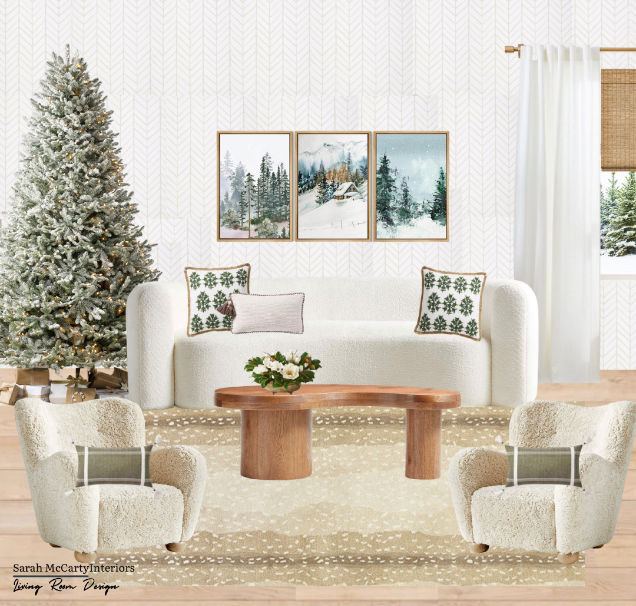 Relax in your new serene living room this Winter🎄Not pictured, the roaring fire you’ll be enjoying while sitting in your new cozy shearling chairs 🔥 A calming escape from the everyday hustle and bustle ❄️ Family room design, living room design, home decor, room layout, sofa, accent chairs, throw pillows, Christmas tree, wall art, coffee table, area rug

#LTKHoliday #LTKstyletip #LTKhome