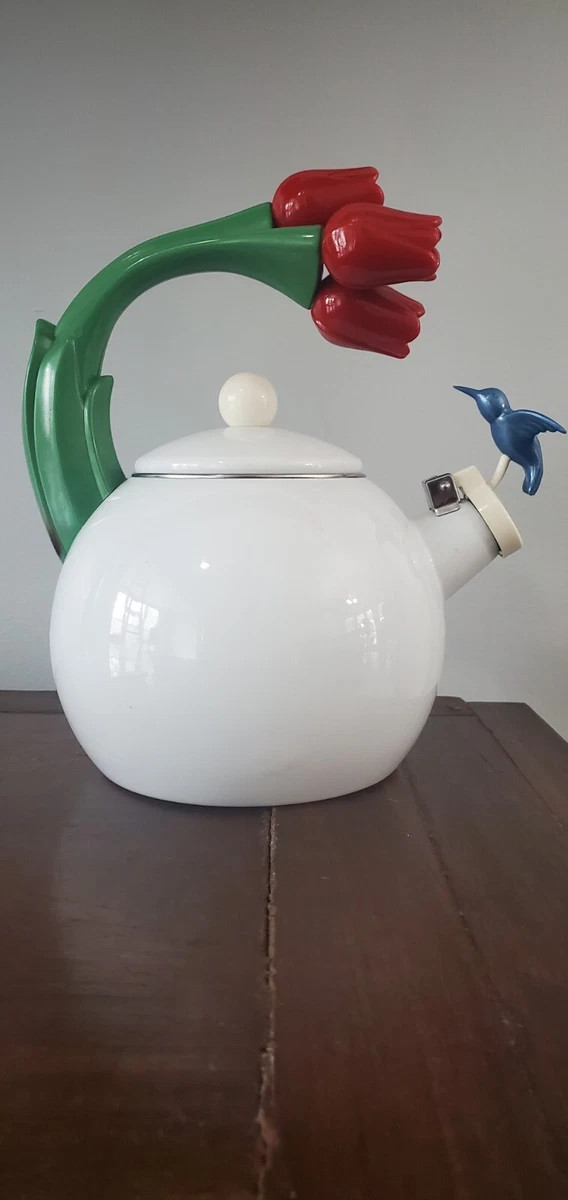 1995 ANCONA Enamel Whistling Tea Pot Kettle Blue Hummingbird Red Tulips Flowers   | eBay | eBay US