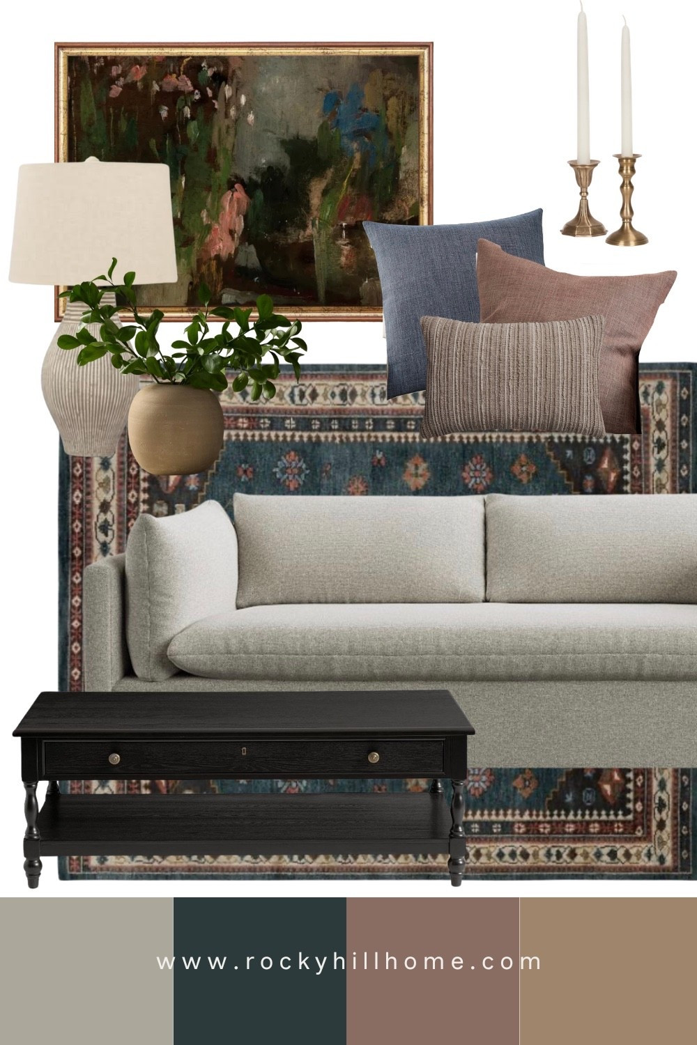 One of my favorite ways to style a gray sofa is by layering moody blues, dusty mauves, warm taupes, and vintage-inspired patterns. This look combines a Pottery Barn sofa, a classic black coffee table, oversized floral artwork, and cozy layered textiles for a collected modern traditional feel that never goes out of style.

#LTKHome #LTKSaleAlert