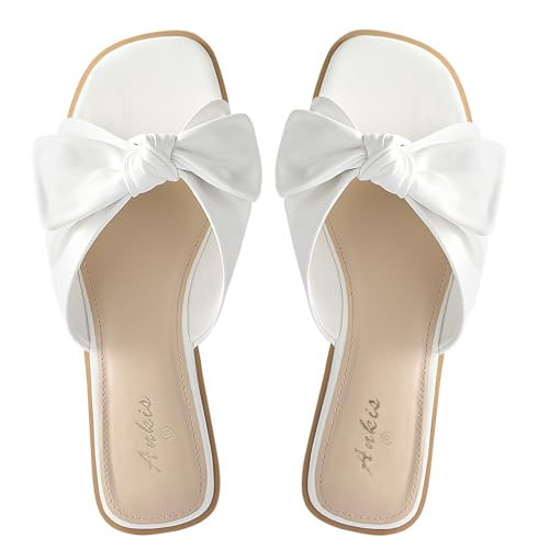 Ankis Womens White Flat Sandals for Women Dressy Comfortable Summer Beach Sandals for Women 2025 Cute Bow Square Open Toe Slide Sandals | Amazon (US)