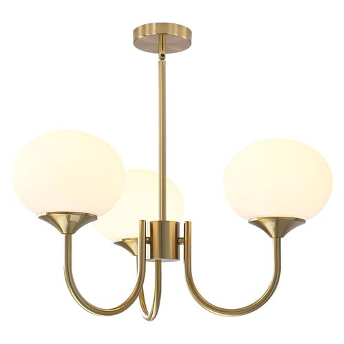 BOKT Mid Century Modern Globe Sputnik Chandelier Vintage 3 Light Milk Glass Pendant Light Large White and Gold Ball Chandelier Light Brushed Brass Sputnik Hanging Light Fixture for Bedroom | Amazon (US)