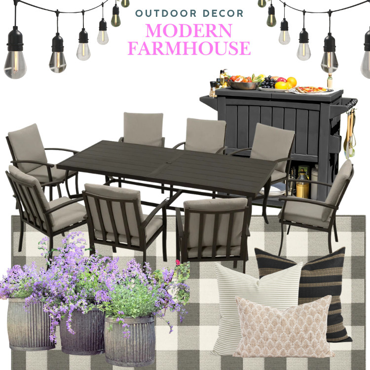 Modern farmhouse outdoor furniture, patio furniture, outdoor decorating | plaid rug, outdoor dining set, outdoor bar, metal planter, outdoor pillows, string lights plaid rug  

 #LTKcanada #LTKsummer #LTKhome