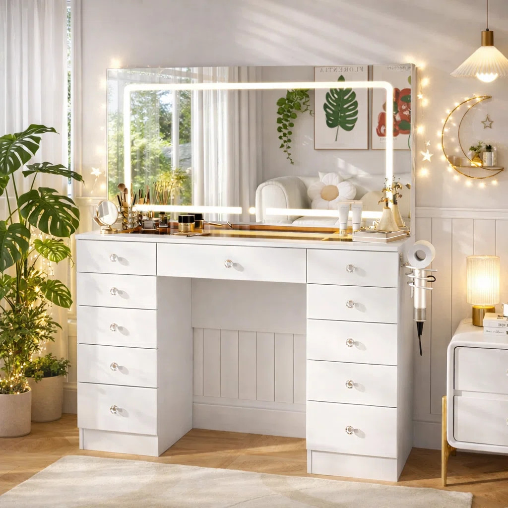45.9" Glass Top Makeup Vanity Set with Lighted Mirror, 11 Drawers & Hair Dryer Holder | Wayfair North America