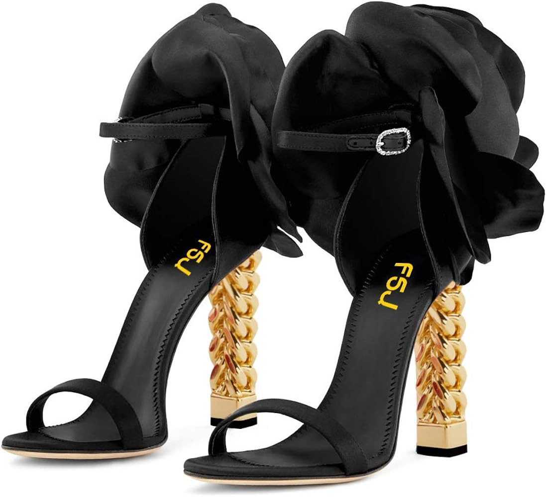 FSJ Women Flower Gold Metal Chain Chunky High Heels Ankle Strap Sandals Open Toe Fashion Party Pr... | Amazon (US)