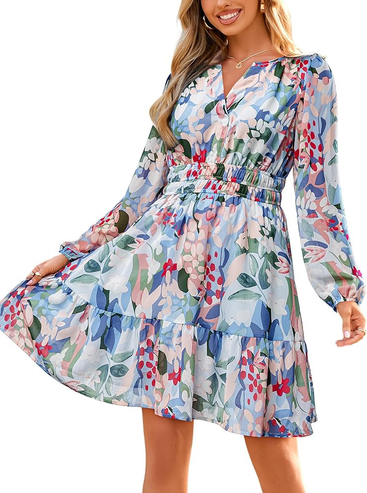Simplee Womens Fall Floral Mini Dress 2025 Long Sleeve Boho Chiffon Short Dress Casual Flowy Wedd... | Amazon (US)