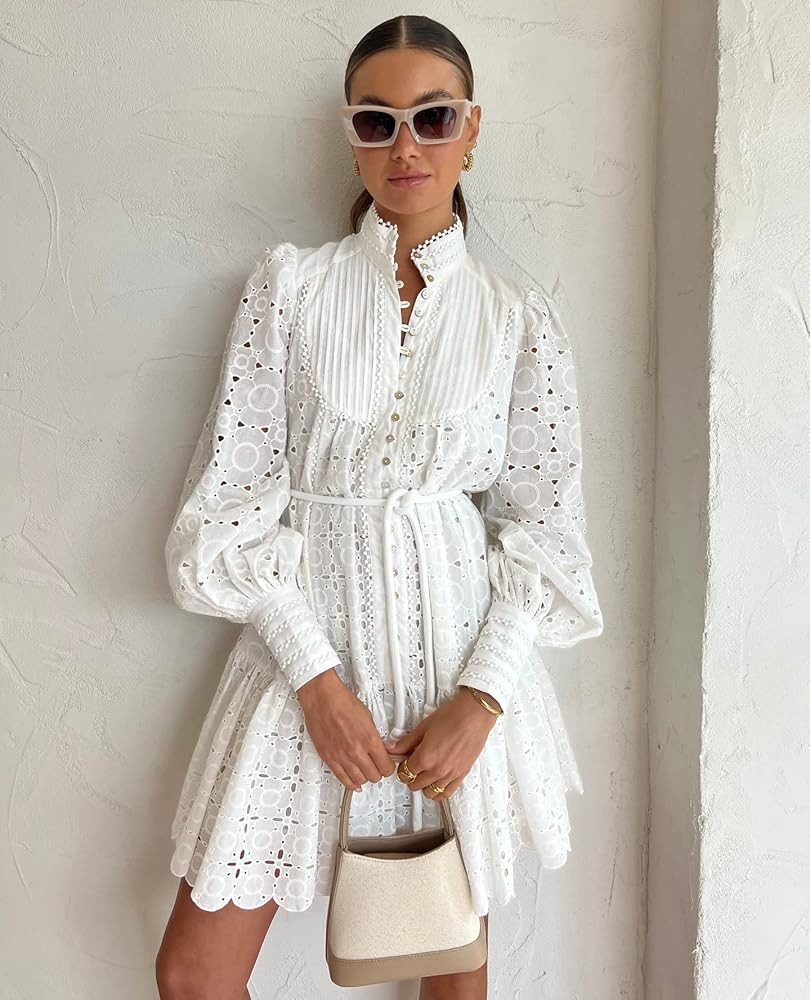 Aox Women Button Down Shift Swing Dress Ruffle Sleeve Tunic Midi Sundress Pockets Mini Skirt with Wa | Amazon (US)