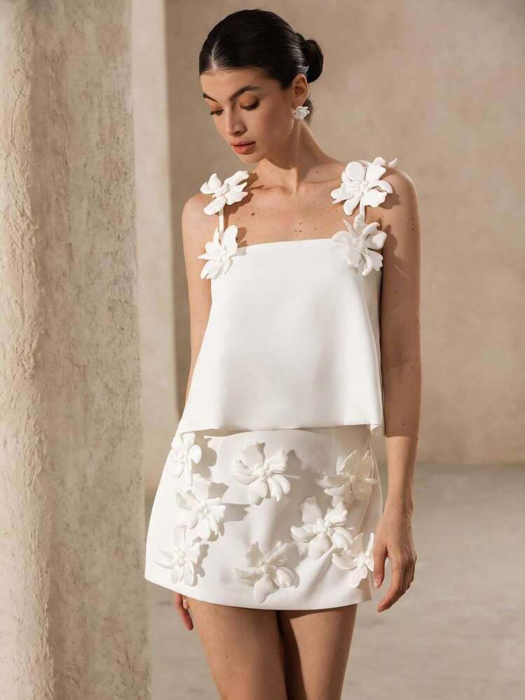 Aveloria Rosie Conjunto De Top Tipo Cami Con Decoración De Flores 3D Hechas A Mano Y Falda Corta Asimétrica A Juego En Color Blanco. Conjunto Elegante Y Versátil Para Mujer | SHEIN