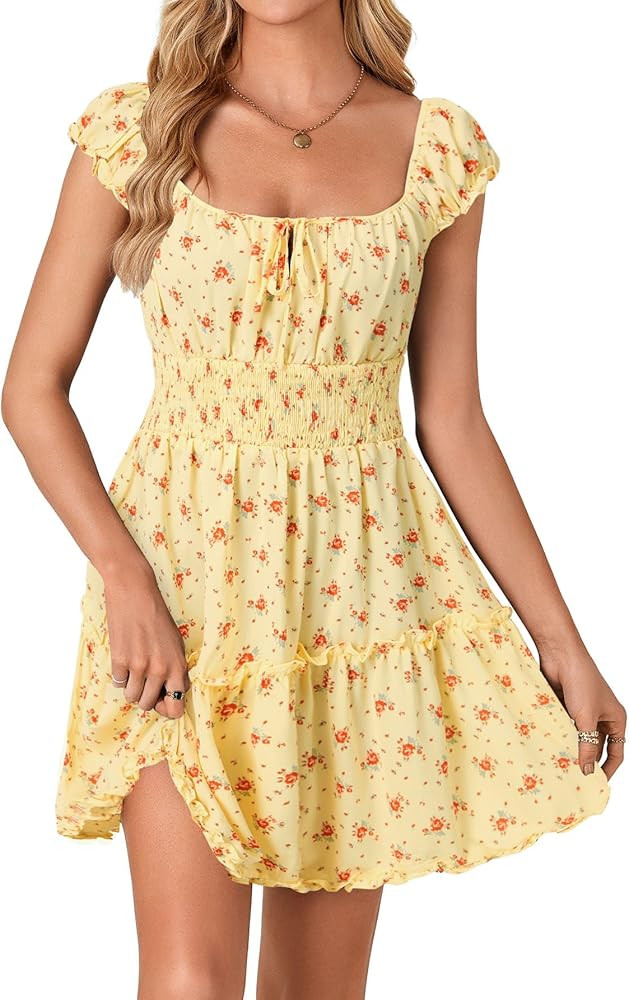 Rooscier Women's Summer Boho Floral Print Square Neck Smocked Tie Front Ruffle Swing Beach Mini D... | Amazon (US)