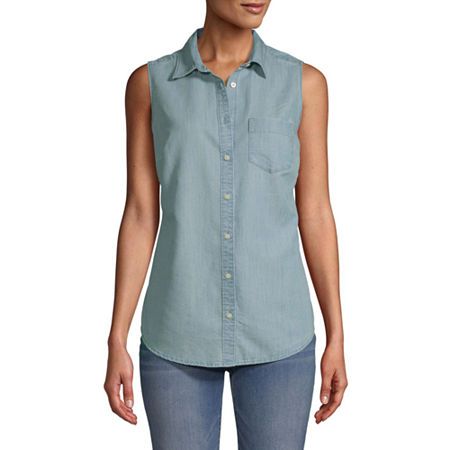 St. John's Bay Womens Sleeveless Regular Fit Button-Down Shirt, Medium , Blue | JCPenney