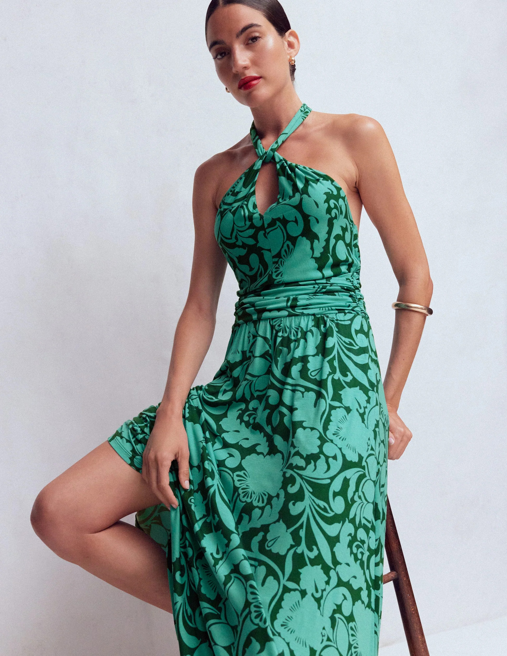 Sydney Twist Neck Jersey Dress-Green, Flourishing Meadow | Boden (US)