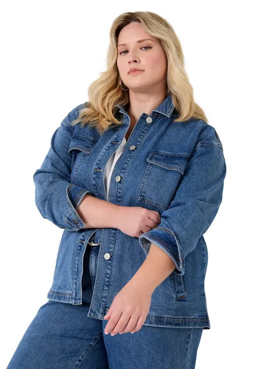 June + Vie Denim Utility Jacket in Vintage Medium Wash at Nordstrom, Size 24 | Nordstrom