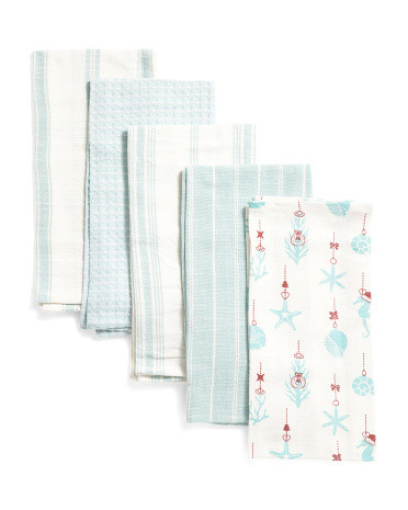 Set Of 5 Coastal Ornament Kitchen Towels | TJ Maxx