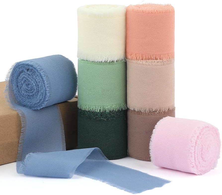 1-1/2" x 44 Yd Chiffon Ribbon, 8 Rolls Handmade Frayed Fringe Ribbons for Gift Wrapping, Flower B... | Amazon (US)