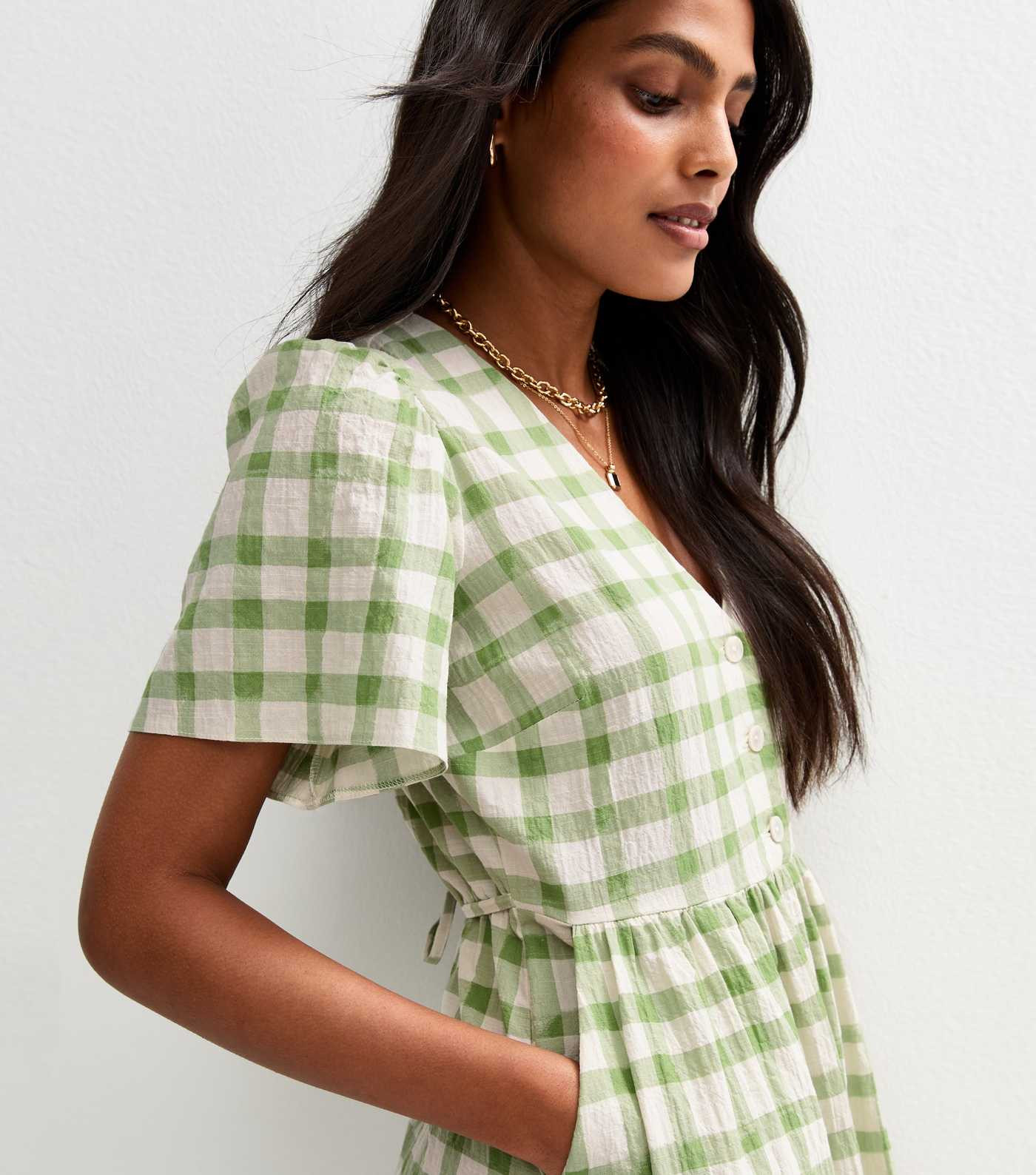 Green Gingham Check V-Neck Button Front Midi Dress | New Look | New Look (UK)