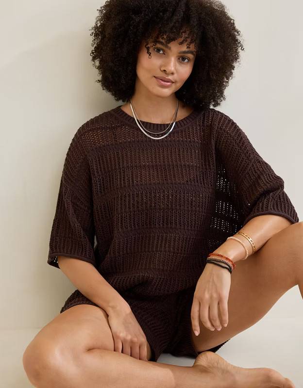 Aerie Crochet Oversized Short Sleeve Sweater | American Eagle Outfitters (US & CA)