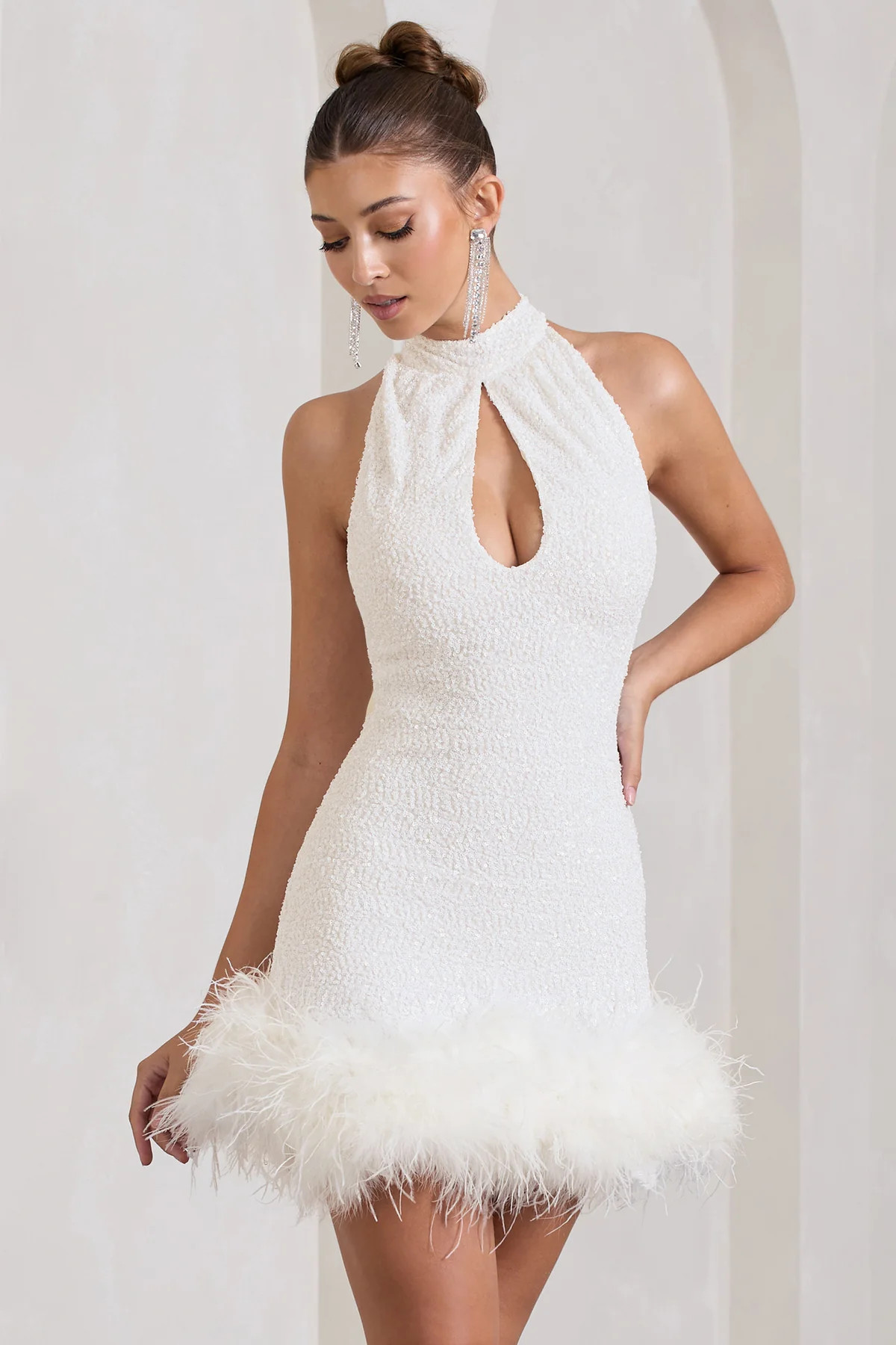 Tillie | White Sequin High Neck Trapeze Mini Dress With Feather Hem Detail | Club L London