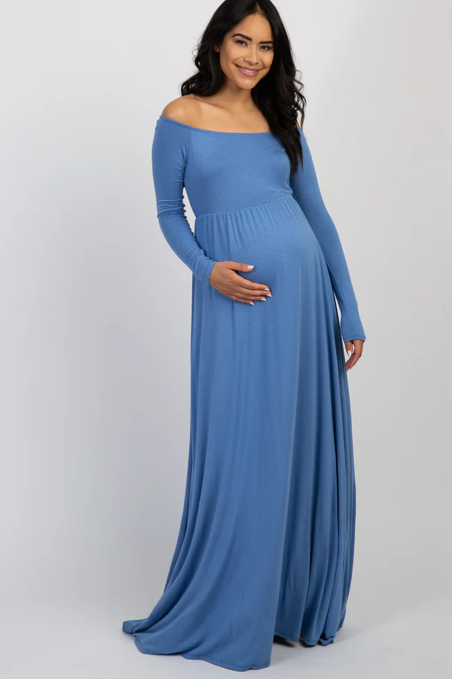 PinkBlush Denim Blue Off Shoulder Maternity Maxi Dress | PinkBlush Maternity