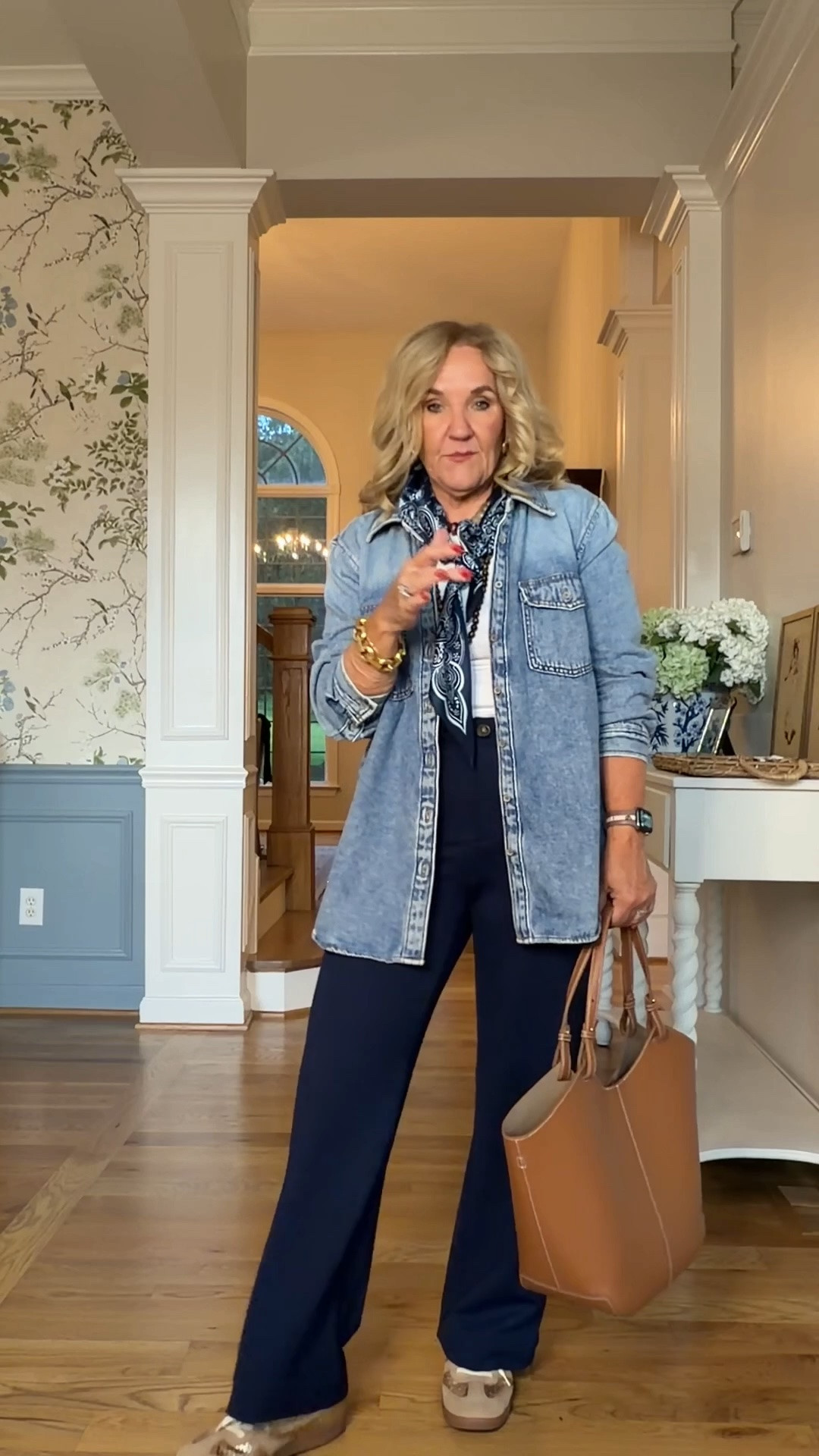 Loft ponte knit Palmer pants. I wear an 8 petite. 
Denim shirt size medium 

Fall outfit travel outfit

#LTKOver40 #LTKSaleAlert #LTKootd

#LTKPetite