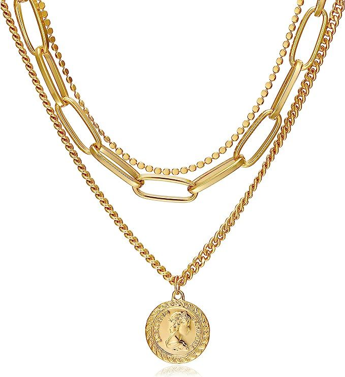 Layered Pendant Necklace 18K Gold Plated Queen Elizabeth Coin Chunky Chain Vintage Valentine's Da... | Amazon (US)