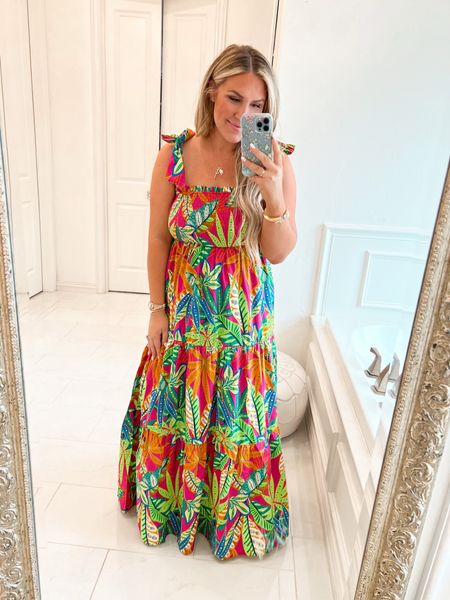 This maxi 😍Cannot get over how much this looks like a designer Farm Rio dress but for a fraction of the cost!! The perfect summer maxi! The print is gorgeous and the dress is such an easy fit! I love the smocked top so comfortable and the tie shoulder details! I will be wearing this on repeat! 

#LTKtravel #LTKunder100