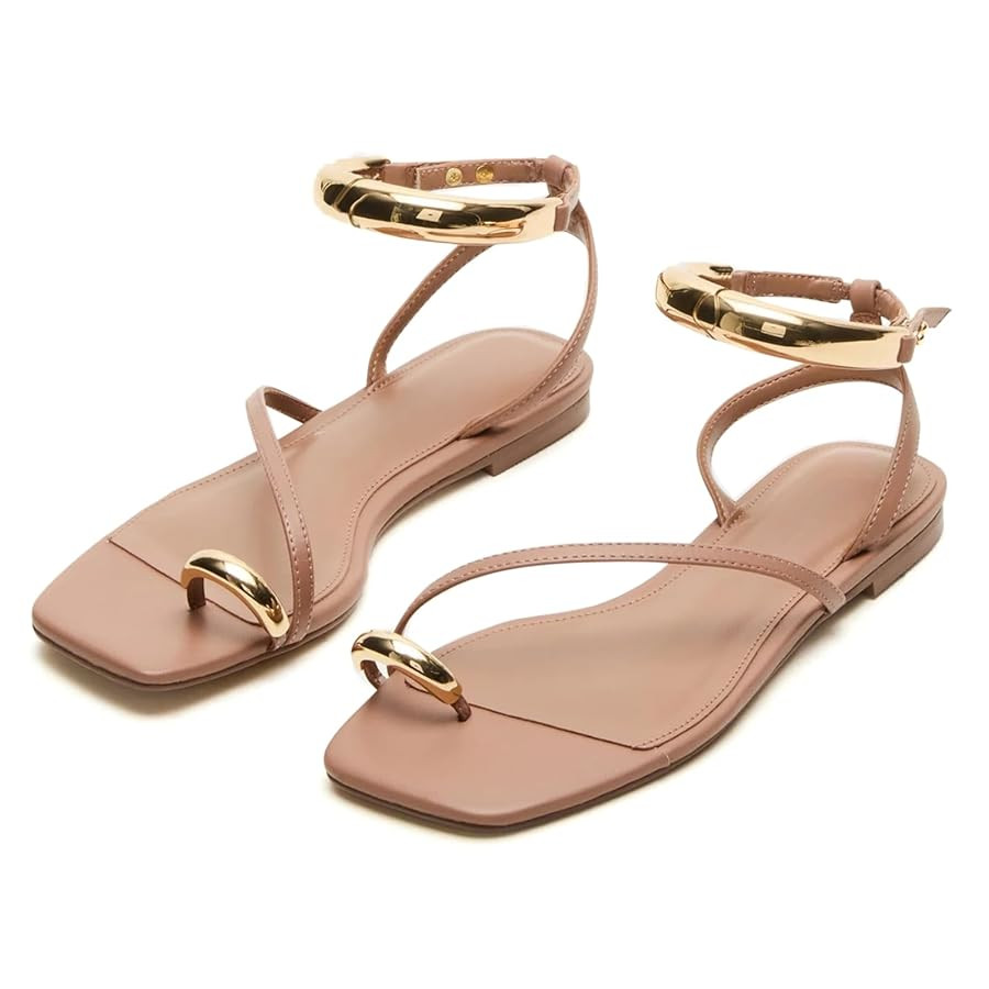 Yishaweiqi Metal Ankle Strap Flat Sandals for Women Toe Ring Strappy Slip On Sandals Open Square ... | Amazon (US)