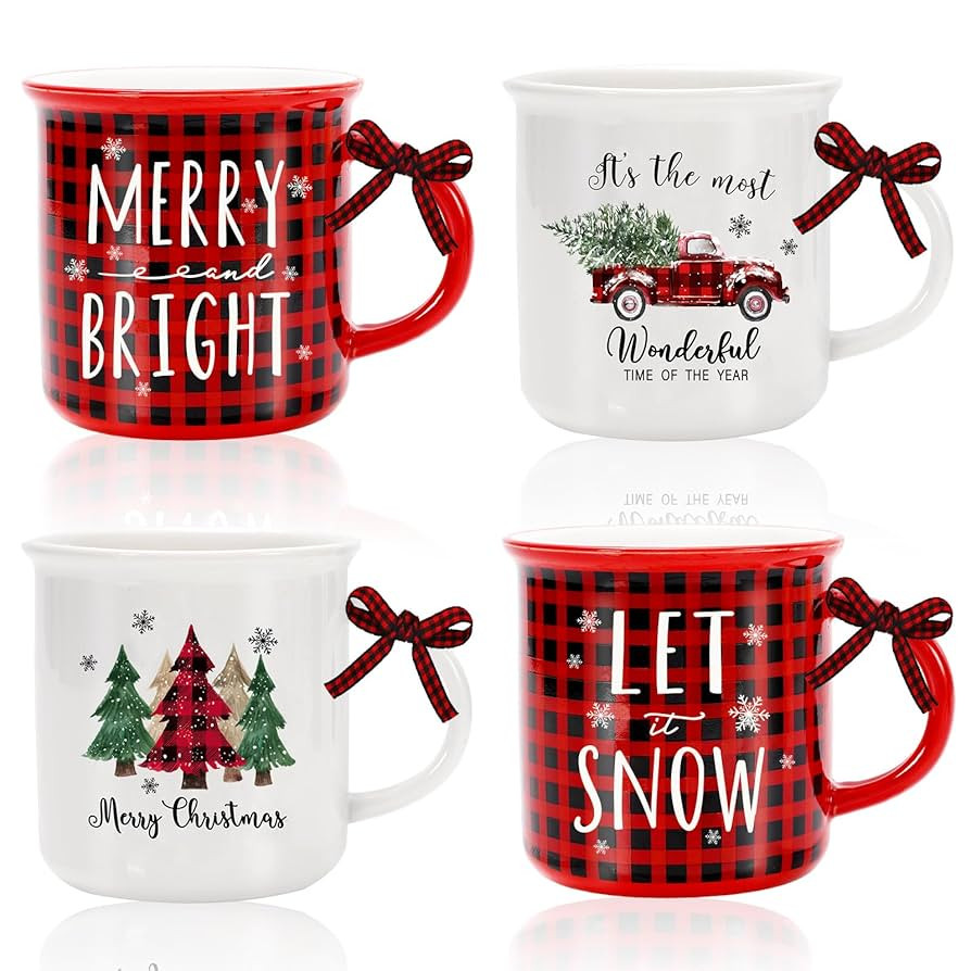 Whaline 4Pcs Christmas Mini Mugs with Plaid Ribbon Red Black Plaid Xmas Tree Truck Snowflake Mini... | Amazon (CA)