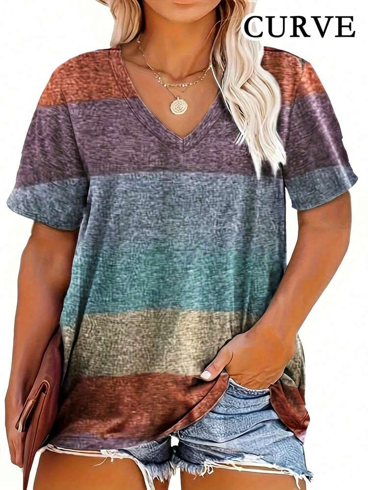 Plus Size Women Striped V-Neck Casual T-Shirt Top, Summer | SHEIN