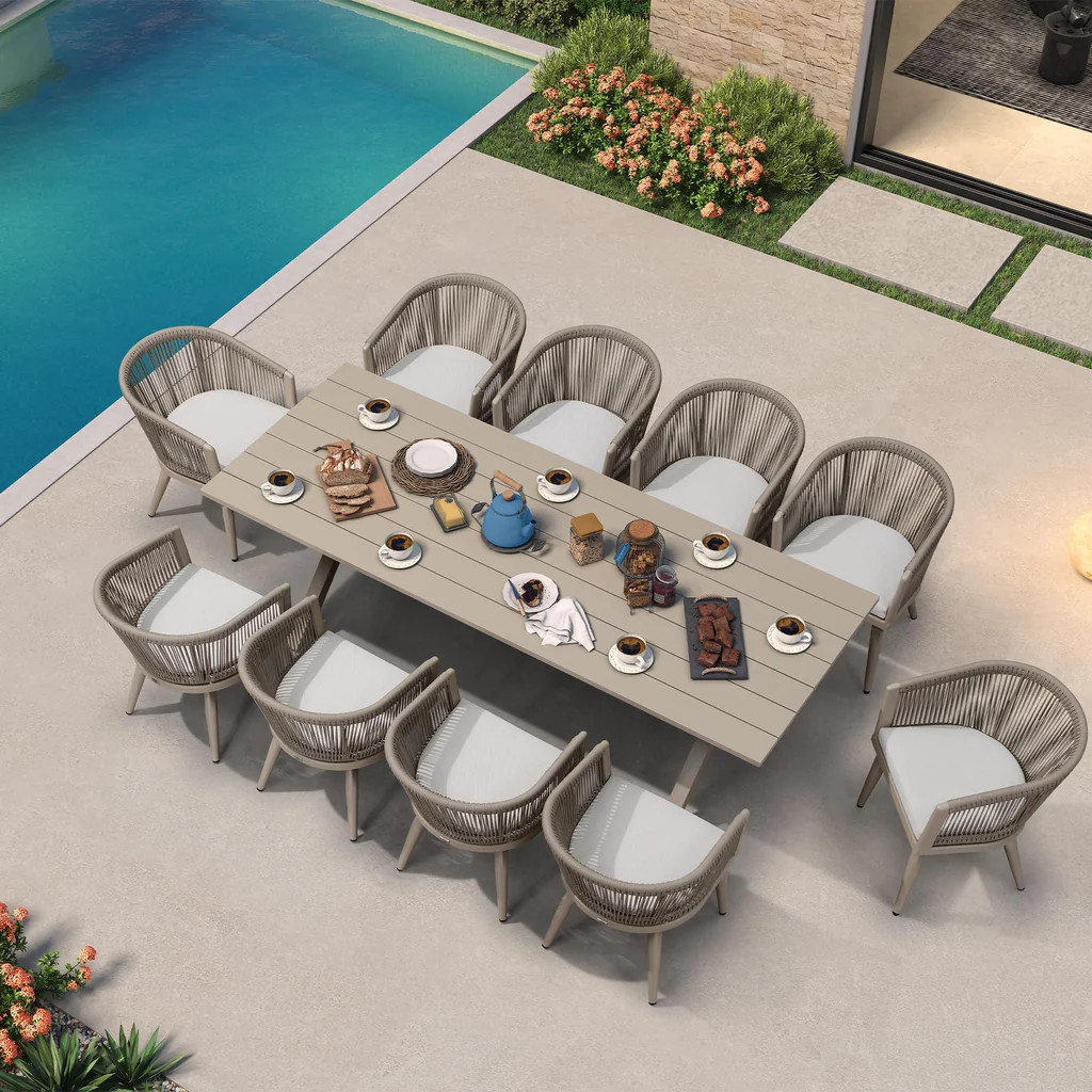 PURPLE LEAF Outdoor Dining Table Set All-Weather Aluminum with Wood Grain Table and Rope Woven Ch... | Purple Leaf
