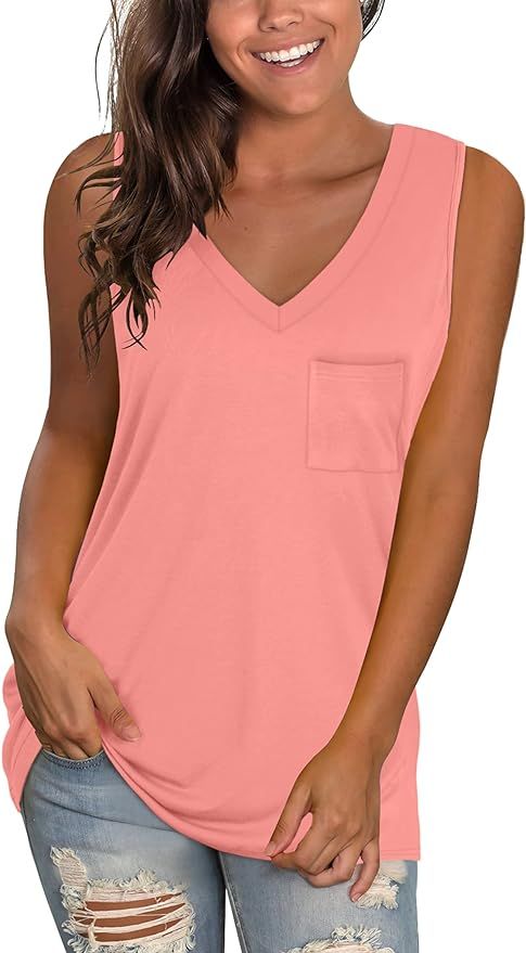 NSQTBA Womens Tank Tops Loose Fit V Neck Summer Sleeveless Tops with Pocket | Amazon (US)
