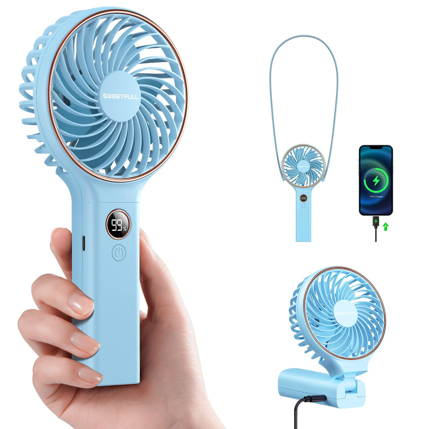 SWEETFULL Handheld Portable Fan, 5000mAh Rechargeable Battery, 6 Speed Wind, LED Digital Display,... | Amazon (US)