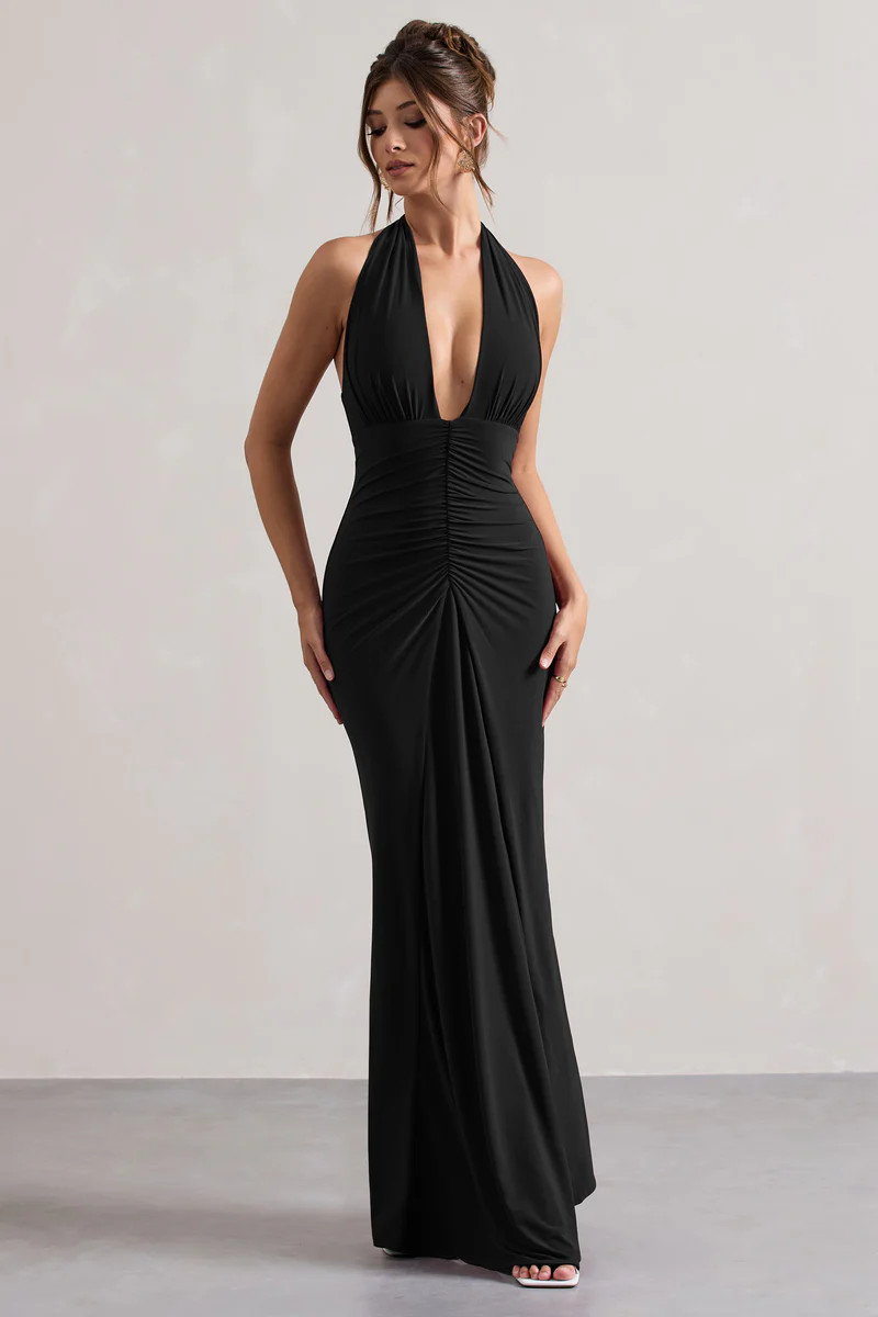 Payton | Black Ruched Halter-Neck Maxi Dress | Club L London