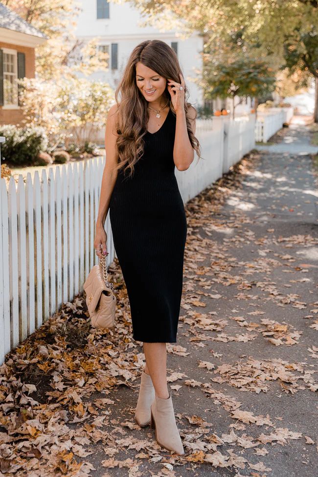 CAITLIN COVINGTON X PINK LILY The Courtney Ribbed V-Neck Black Midi Dress | The Pink Lily Boutique