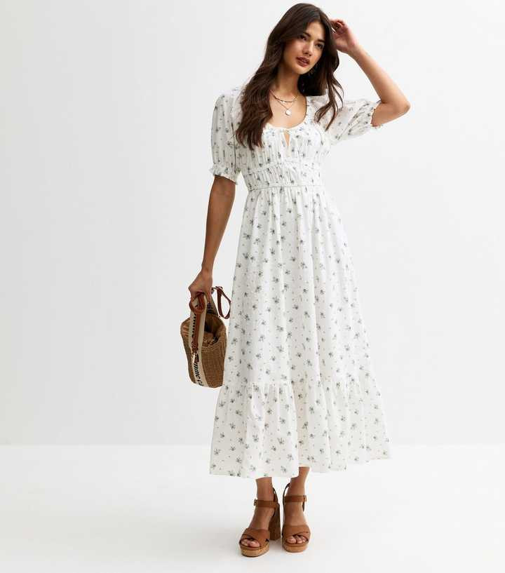 White Floral Print Milkmaid Midi Dress | New Look | New Look (UK)
