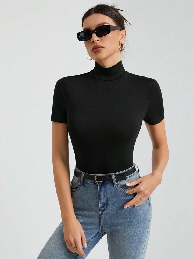 SHEIN Tall Women's Solid Color Basic Black Turtleneck Short-Sleeved T-Shirt | SHEIN