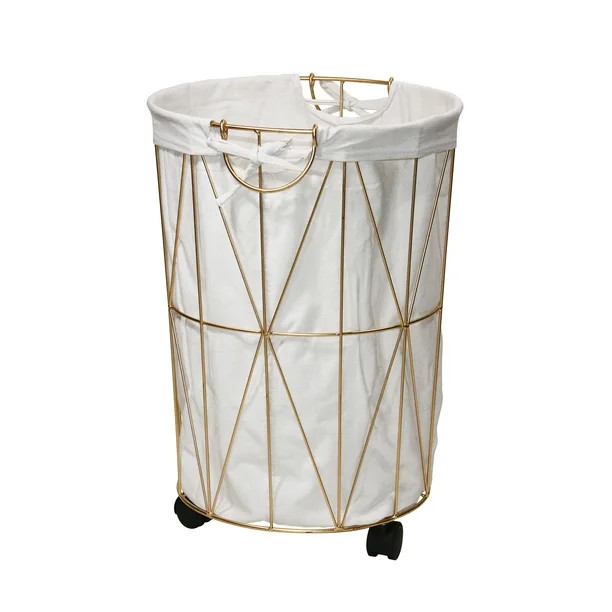 Mainstays Cylinder Symmetrical Pattern Metal Hamper with Wheels, Gold and Natural | Walmart (US)