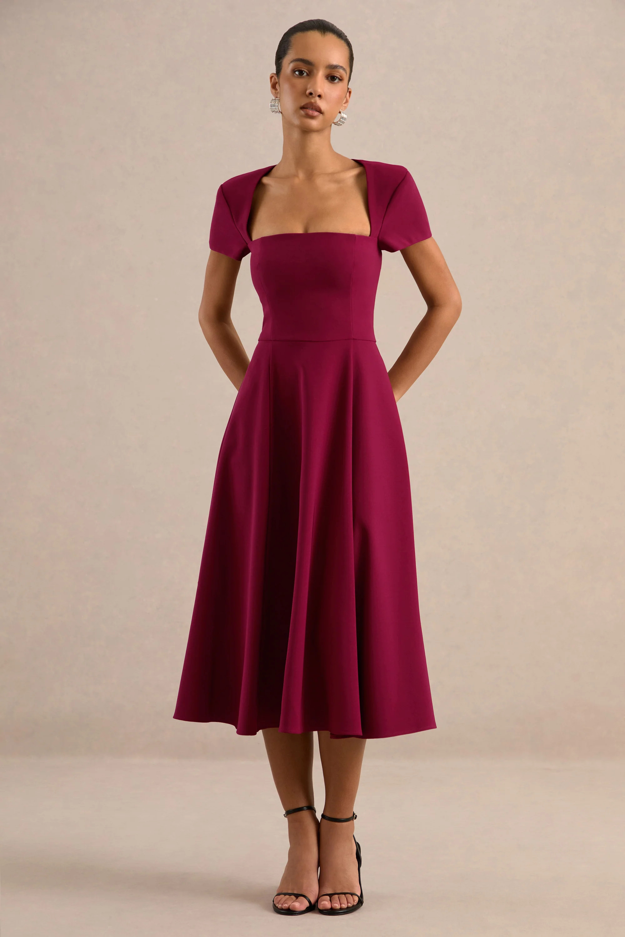 Donia | Burgundy Square-Neck Midi Skater Dress | Club L London
