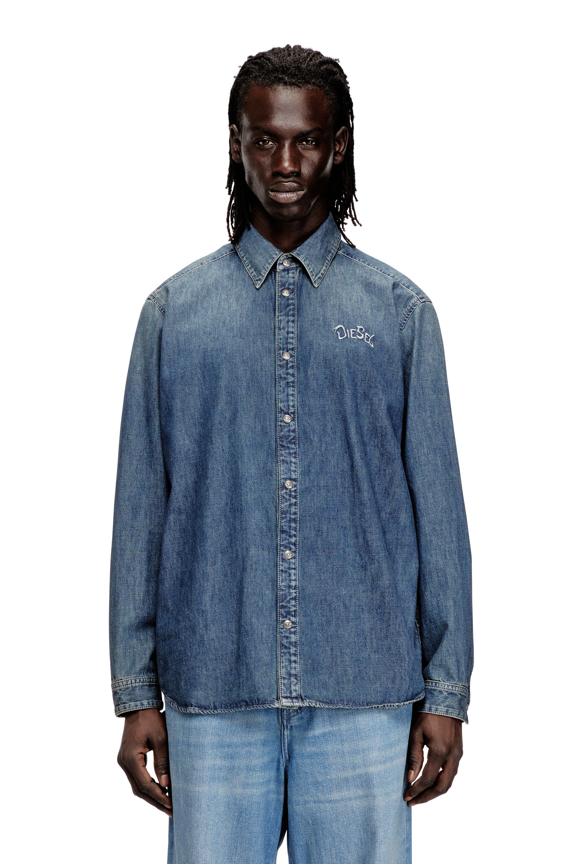 Diesel - Denim shirt with back embroidery - Denim Shirts - Man - Blue | Diesel US