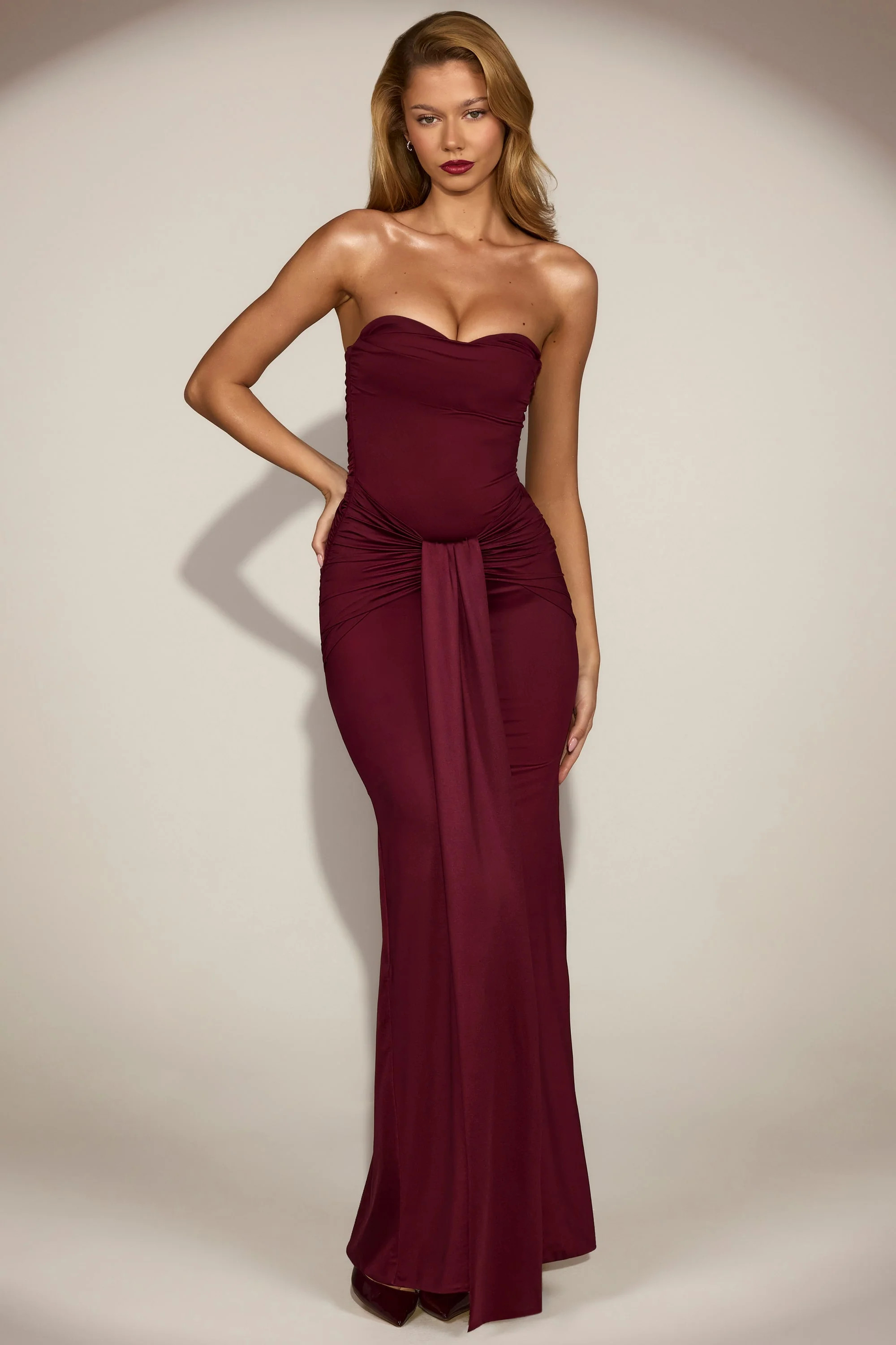 Satin Peekaboo Bandeau Draped Gown in Wine Red | Oh Polly