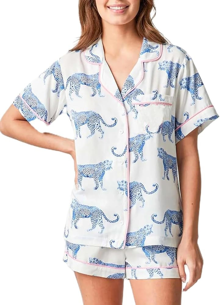 Women Cute Animal Print Pajama Set Short Sleeve Button Down Shirt Lounge Shorts Set Y2k Cartoon 2... | Amazon (US)