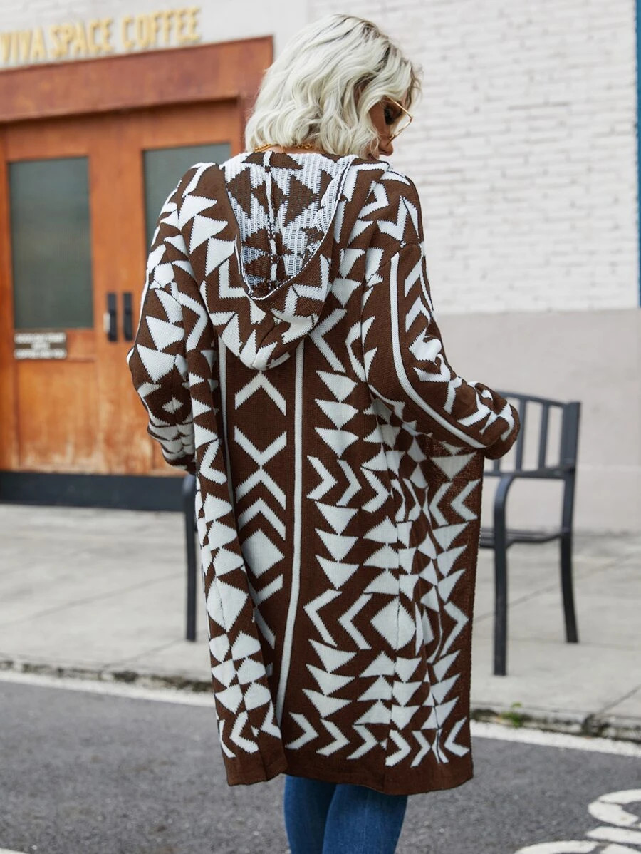 Geo Pattern Drop Shoulder Hooded Duster Cardigan
   SKU: sw2208241986751116      
          (569 ... | SHEIN