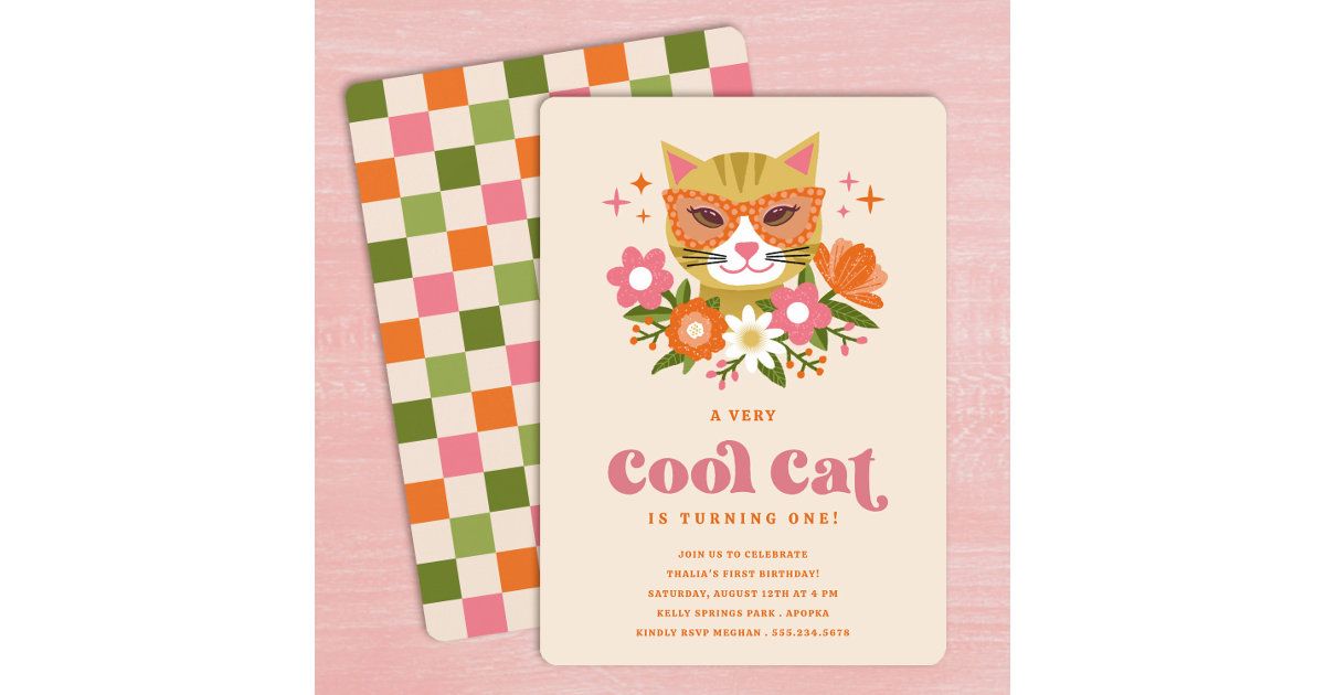 Cute Retro Floral Cool Cat First Birthday Party Invitation | Zazzle | Zazzle