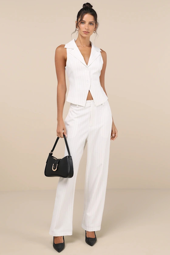 Chic Viewpoint White Pinstriped Straight Leg Trousers | Lulus
