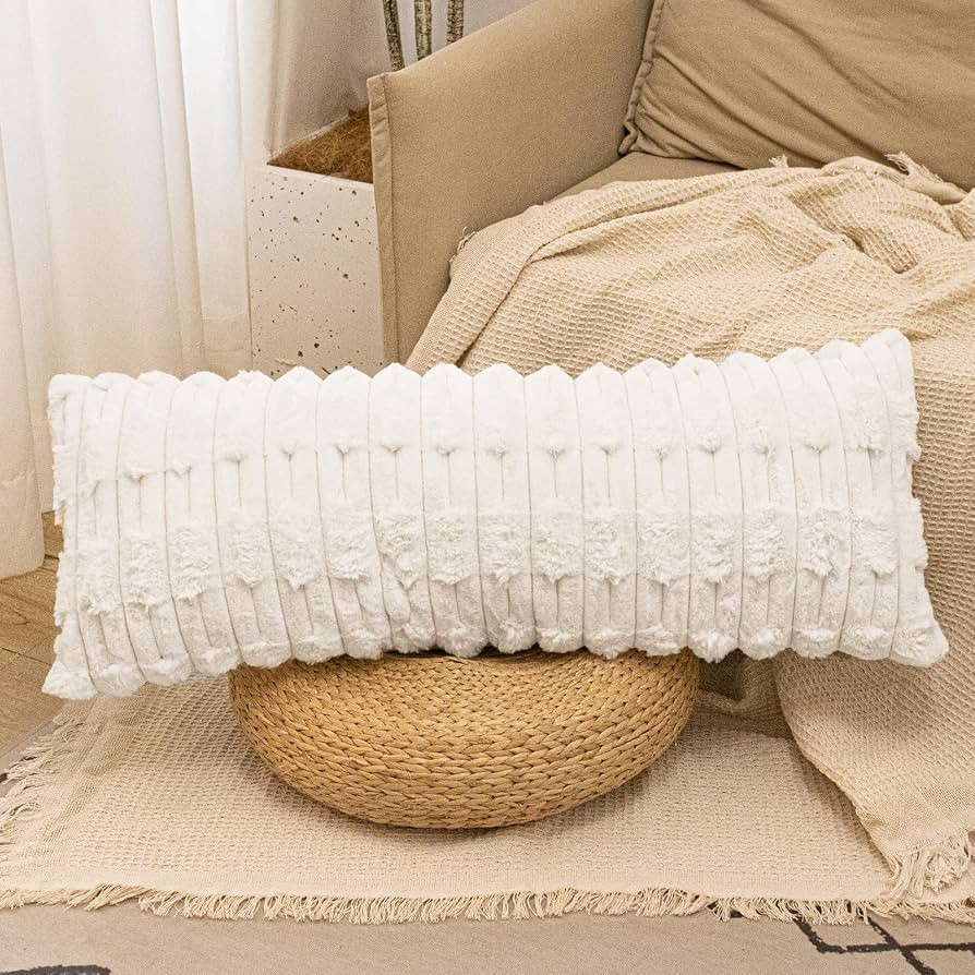 Faux Fur Long Pillow Covers 14 x 36 inch, Cream White Soft Decorative Lumbar Pillow Cover Luxurio... | Amazon (US)