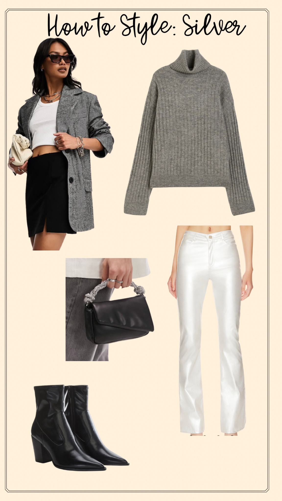 Pair your metallic silver jeans with a black pointed toe booty. Then a chunky sweater and blazer for layers while also elevating the outfit. Lastly pair with a black or neutral purse to bring it all together 

#LTKstyletip #LTKshoecrush #LTKSeasonal