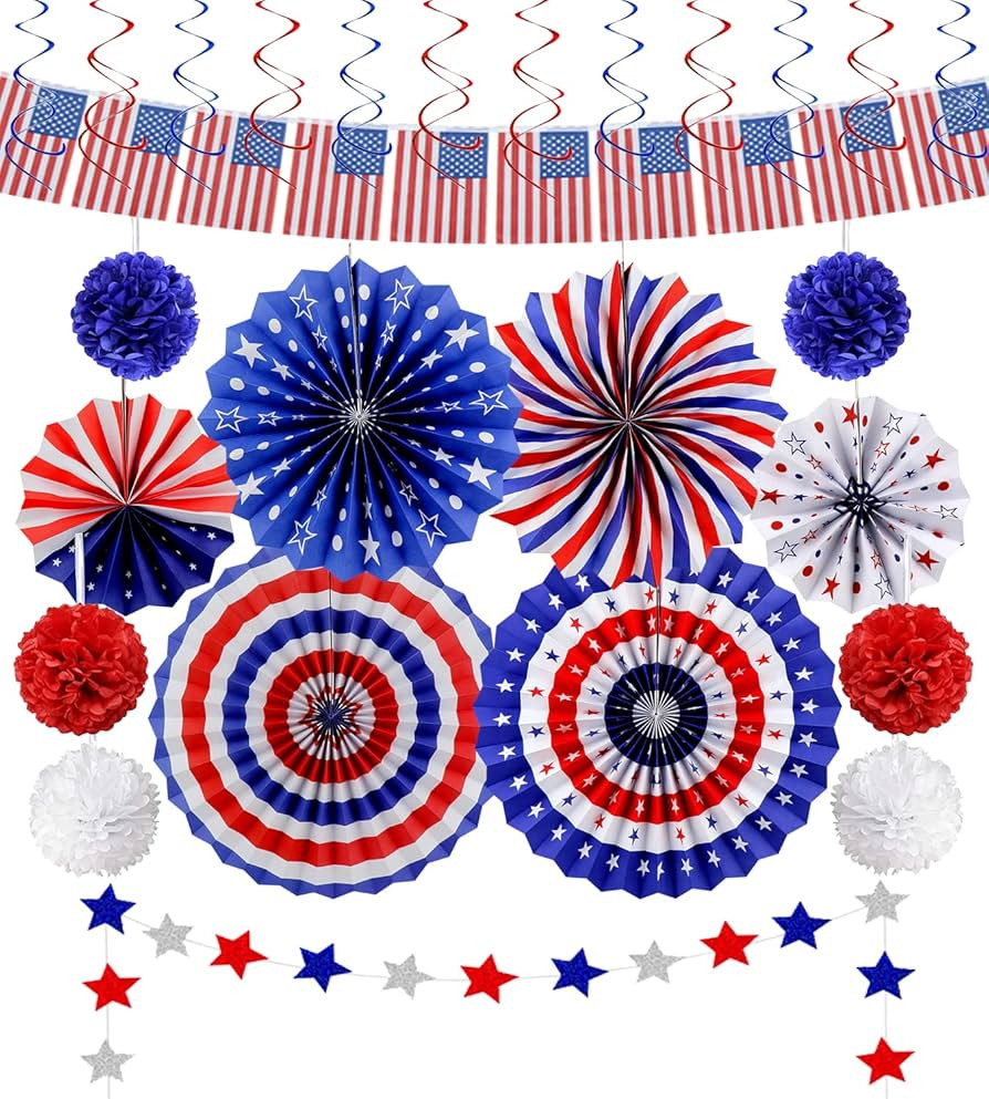 26Pcs Patriotic Party Decorations 4th of July Decor Set - USA Flag String Red White Blue Paper Fa... | Amazon (US)