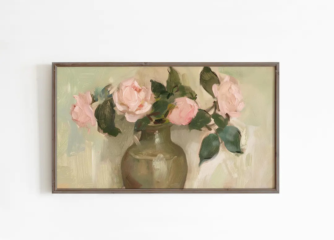 frame tv art roses, green pink still life floral | Etsy (US)