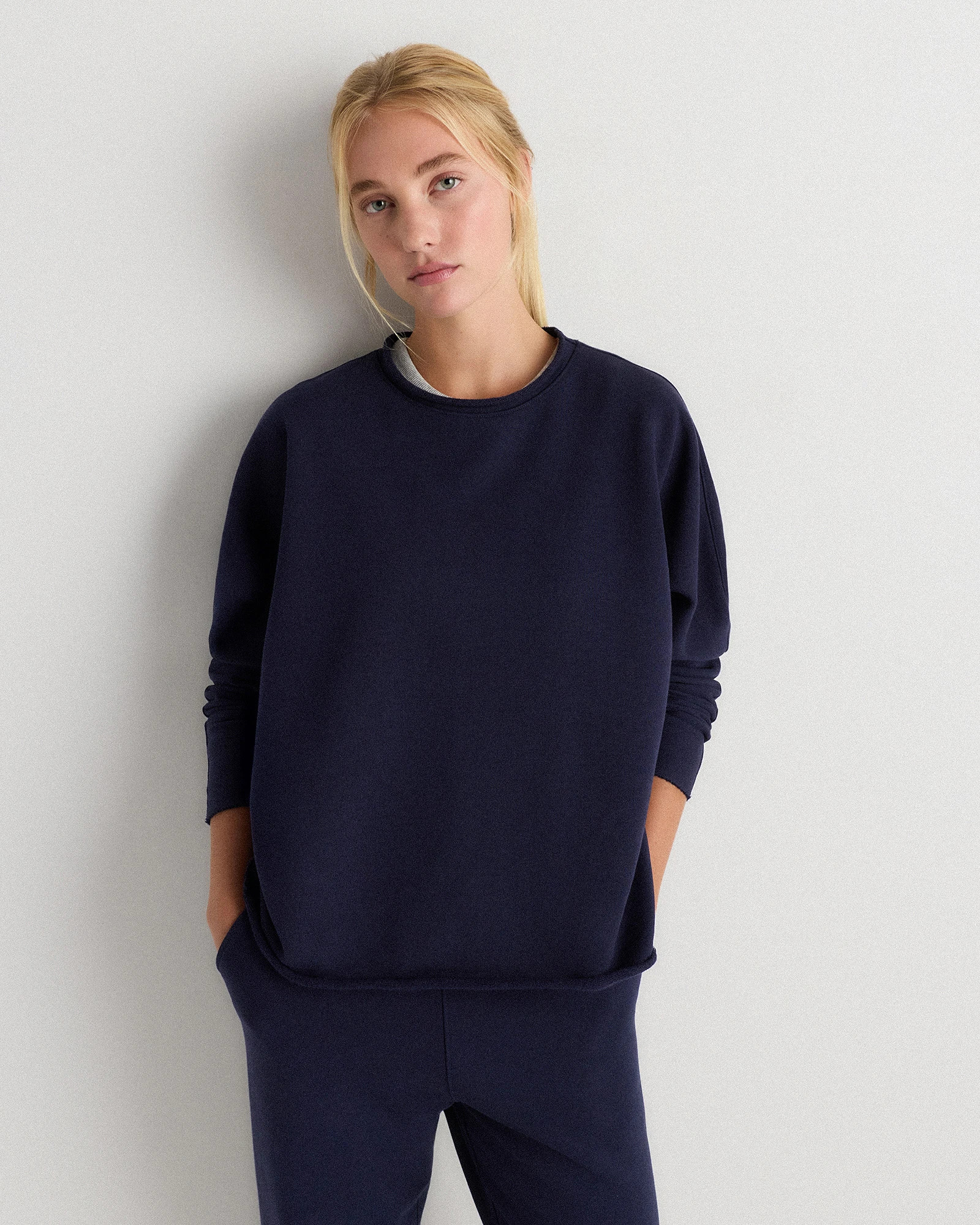 Quince | Women's Organic French Terry Crew Neck Alpaca Sweater in Deep Navy, Size Small, Organic Cotton | Quince